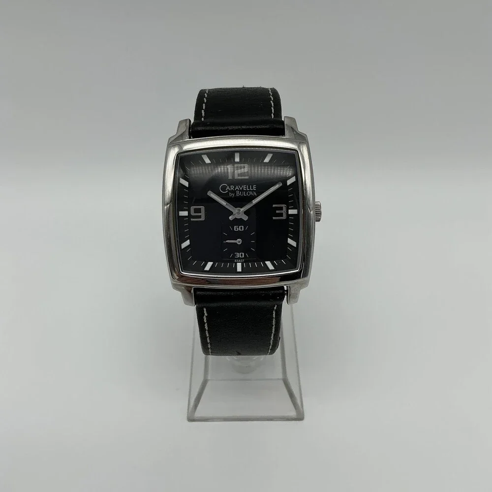Caravelle By Bulova Mens Square Watch 36mm Black Dial Black Leather New Battery